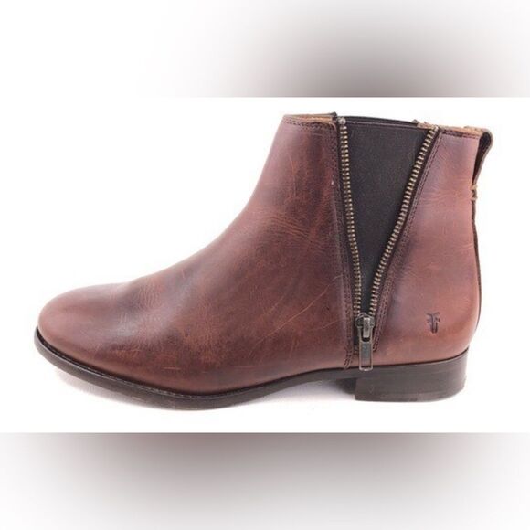 Frye Carly Chelsea Western distressed Bootie in brown with exposed zipper  8 - Picture 1 of 13